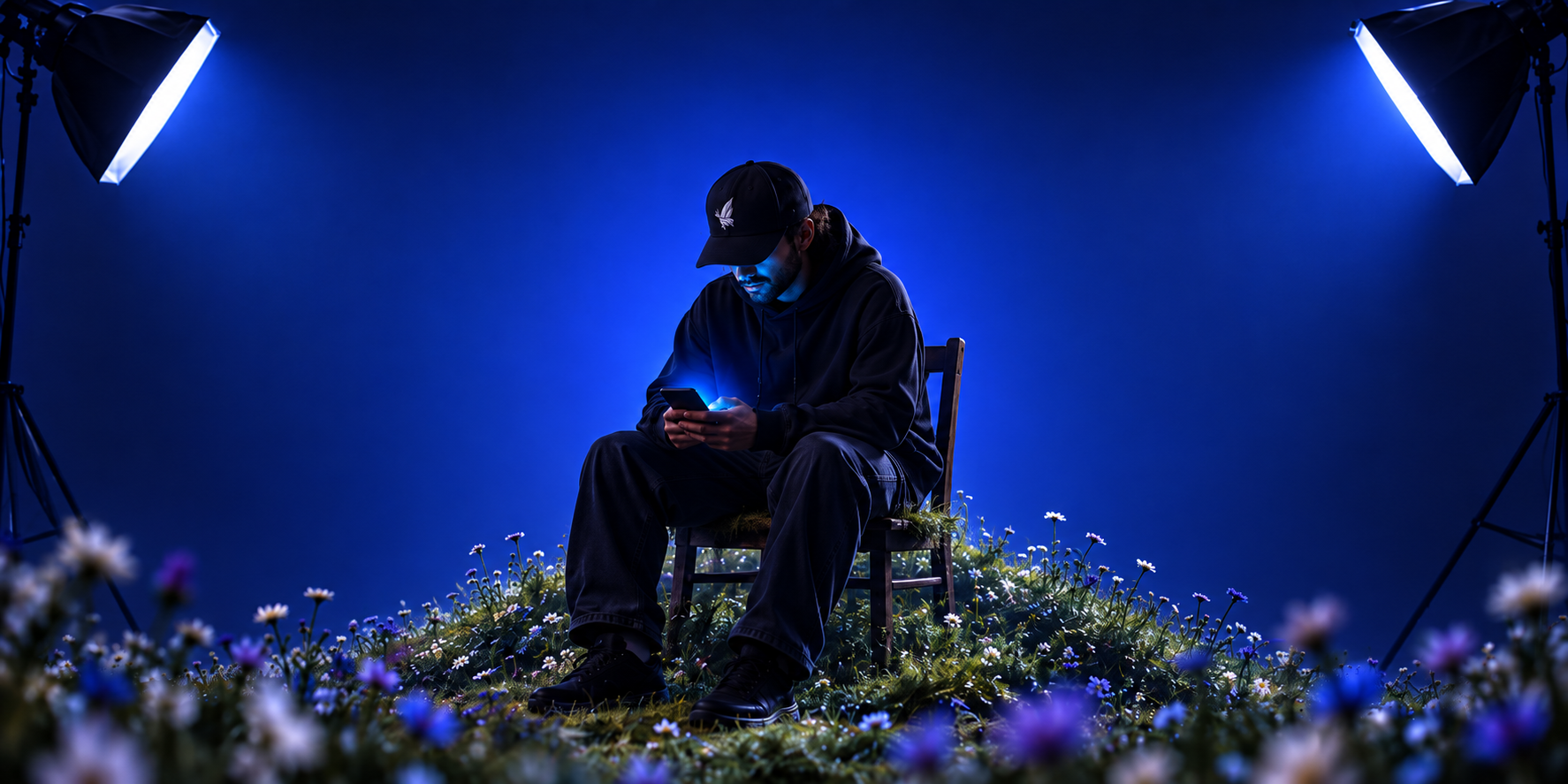 Homem sentado numa cadeira sobre um campo de flores, iluminado por luz azul, olhando o celular